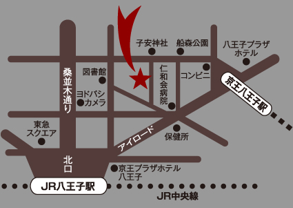 京王八王子駅、JR八王子駅からの地図です　仁和会病院横、子安神社近く